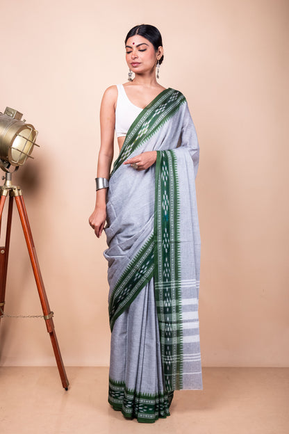 Grey Cotton Dhaniakhali Saree with woven Ikat Borders