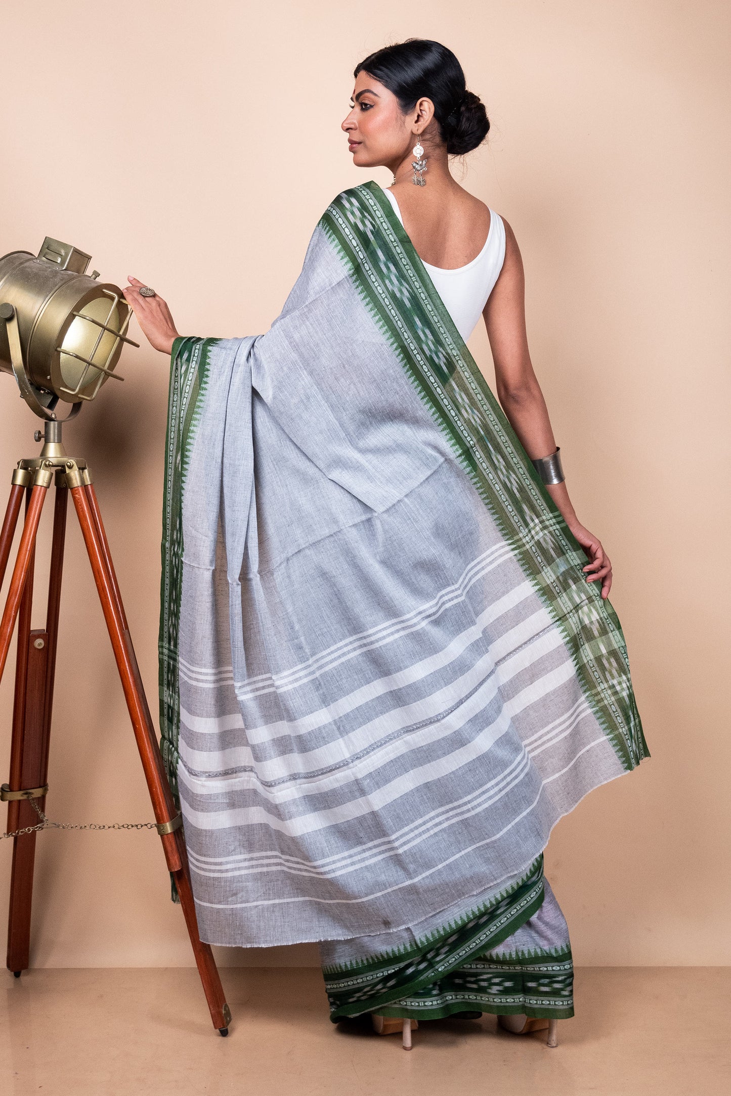 Grey Cotton Dhaniakhali Saree with woven Ikat Borders