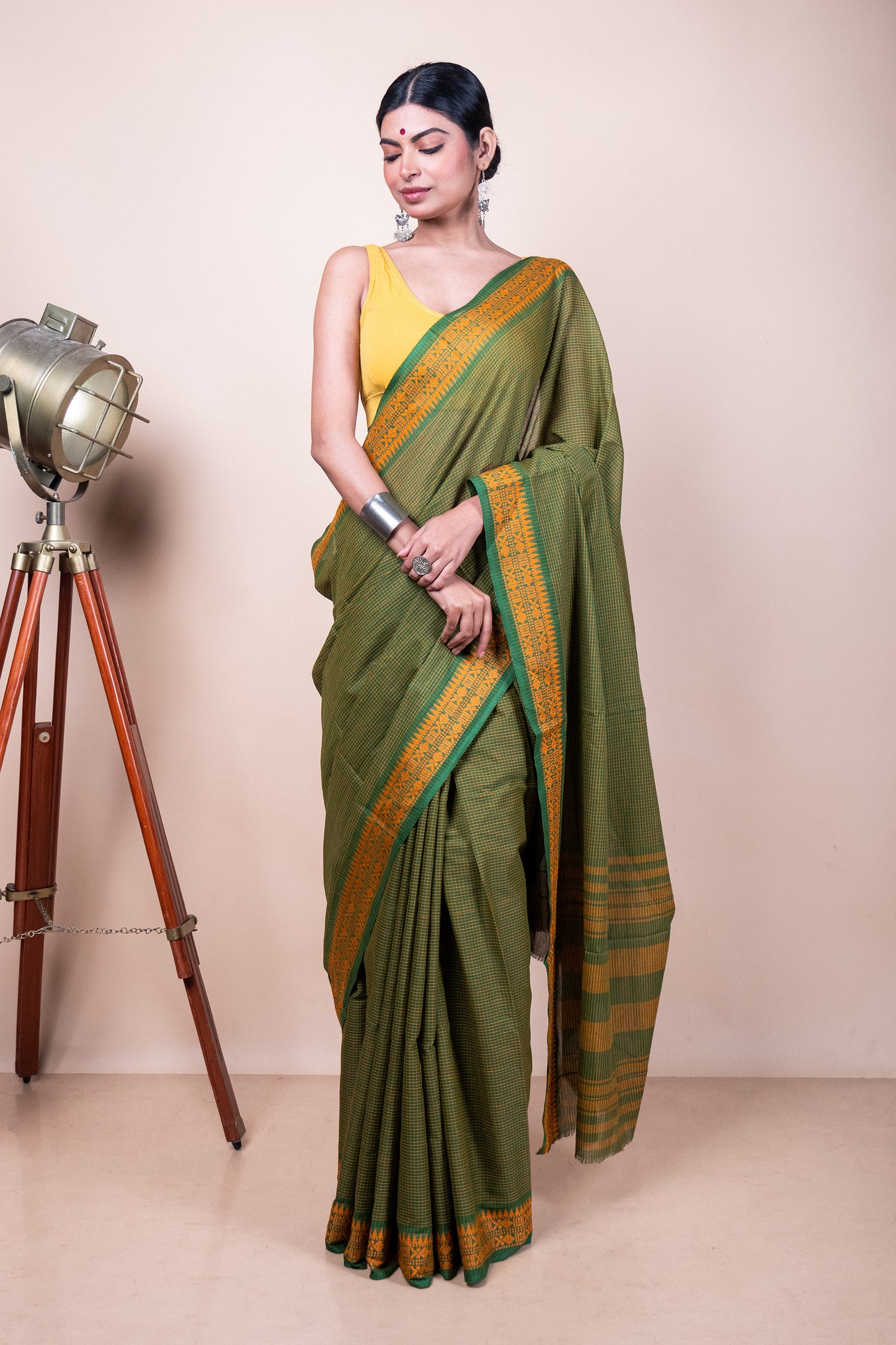 Green Yellow Check Cotton Dhaniakhali Saree with Woven Fish Borders