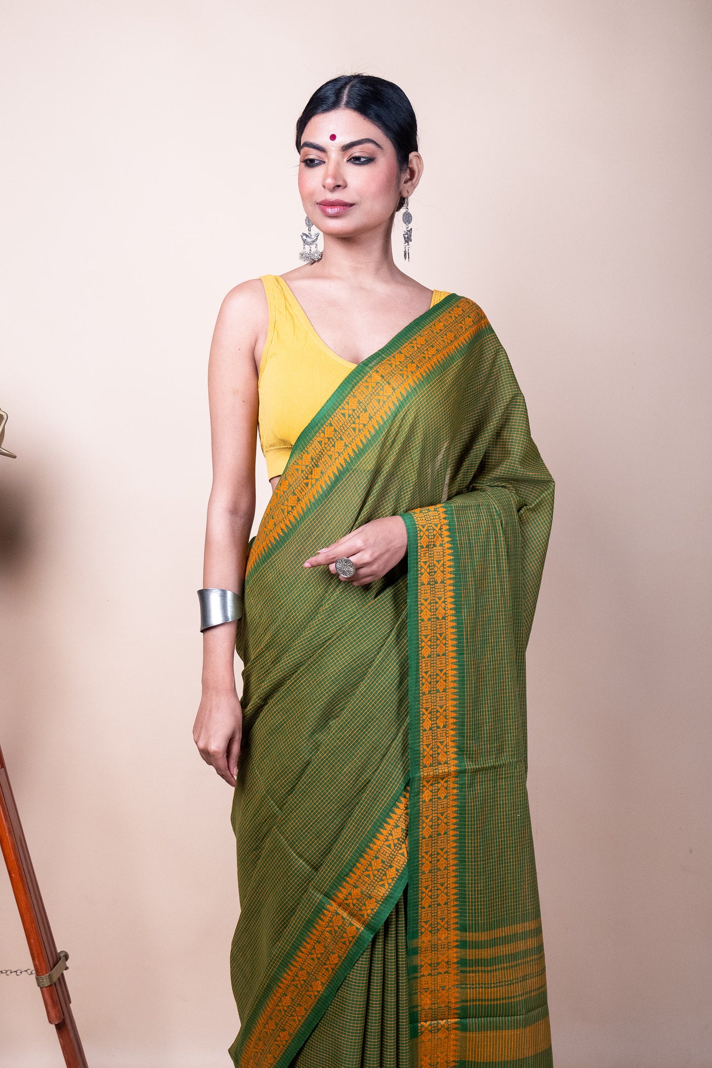 Green Yellow Check Cotton Dhaniakhali Saree with Woven Fish Borders