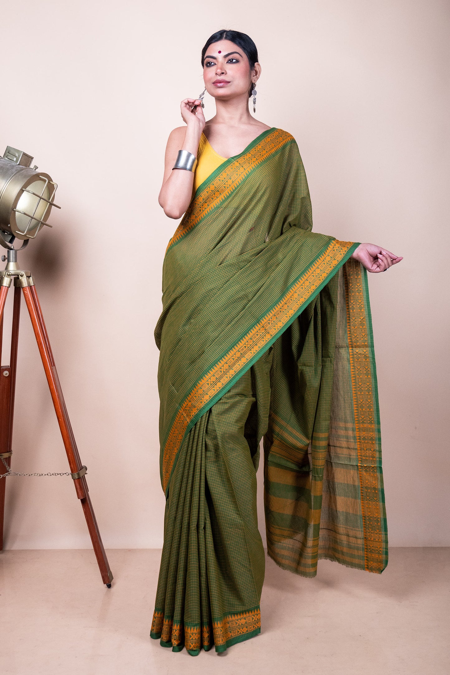 Green Yellow Check Cotton Dhaniakhali Saree with Woven Fish Borders