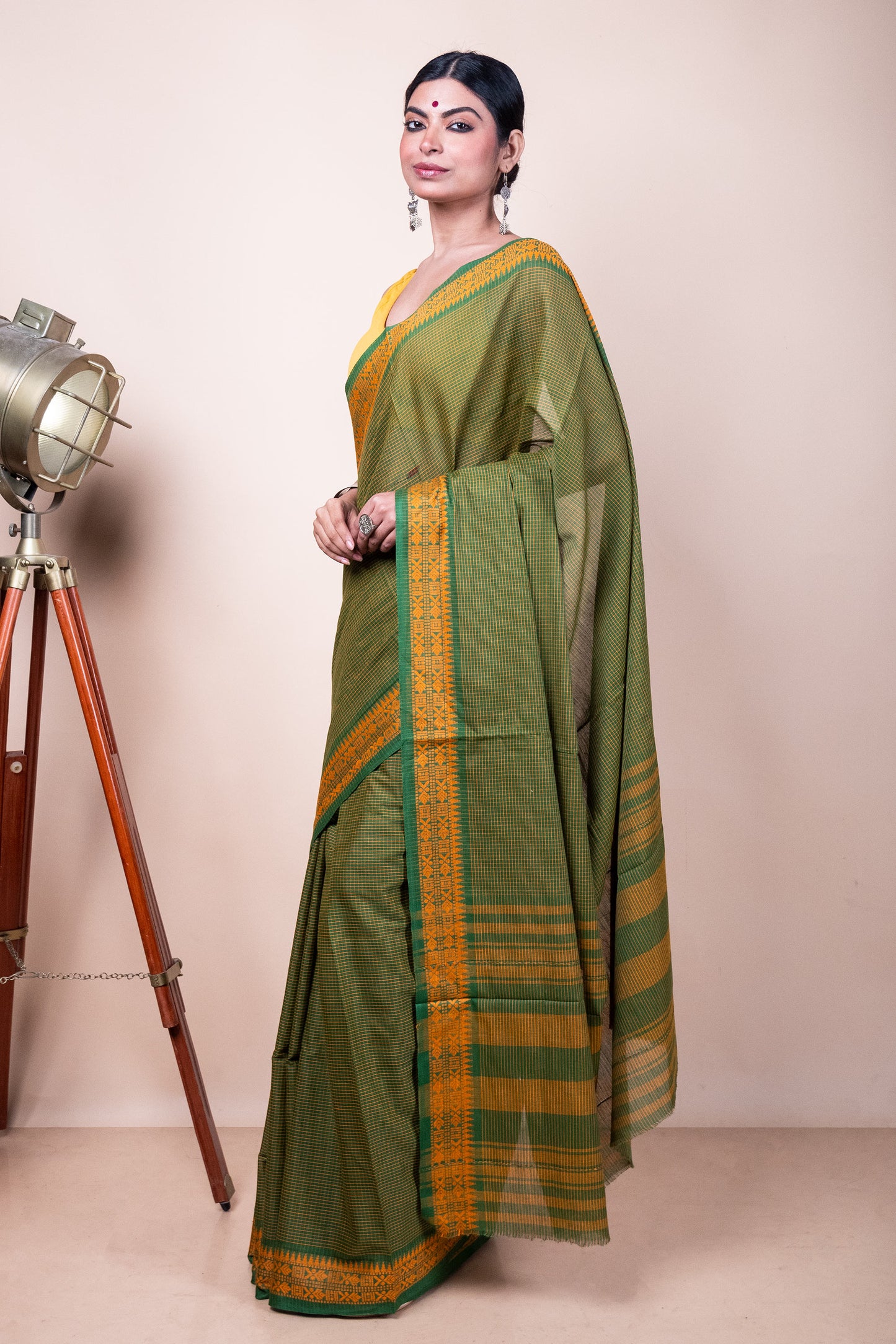 Green Yellow Check Cotton Dhaniakhali Saree with Woven Fish Borders