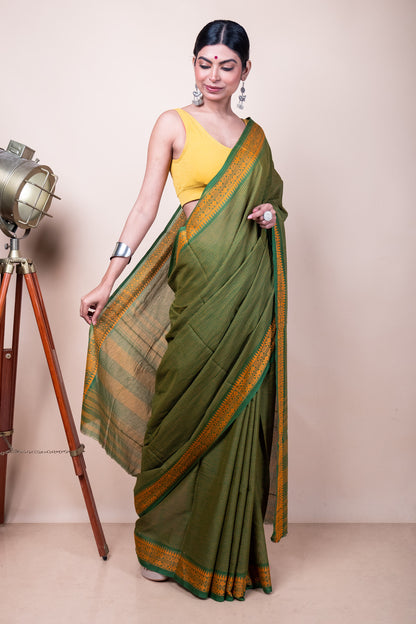 Green Yellow Check Cotton Dhaniakhali Saree with Woven Fish Borders