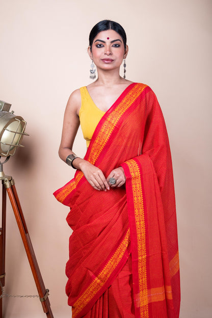 Red Yellow Check Cotton Dhaniakhali Saree with Woven Fish Borders