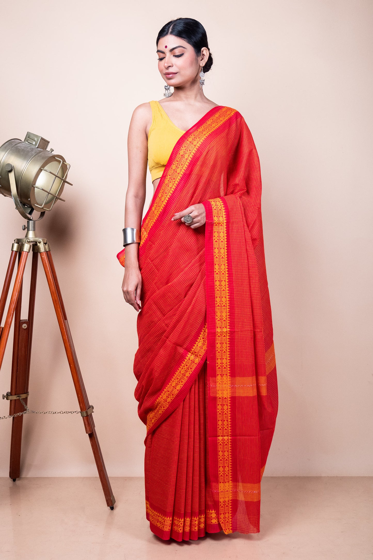 Red Yellow Check Cotton Dhaniakhali Saree with Woven Fish Borders