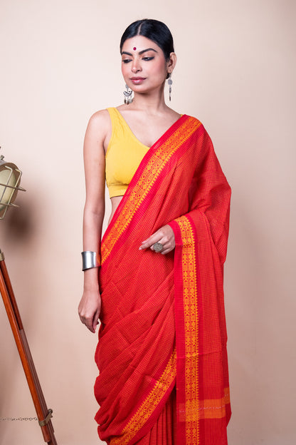 Red Yellow Check Cotton Dhaniakhali Saree with Woven Fish Borders