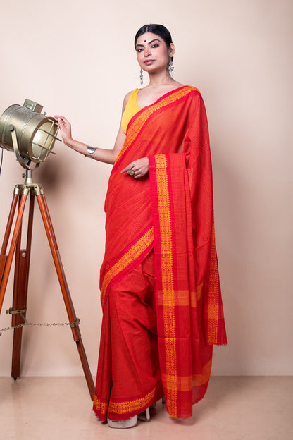 Red Yellow Check Cotton Dhaniakhali Saree with Woven Fish Borders