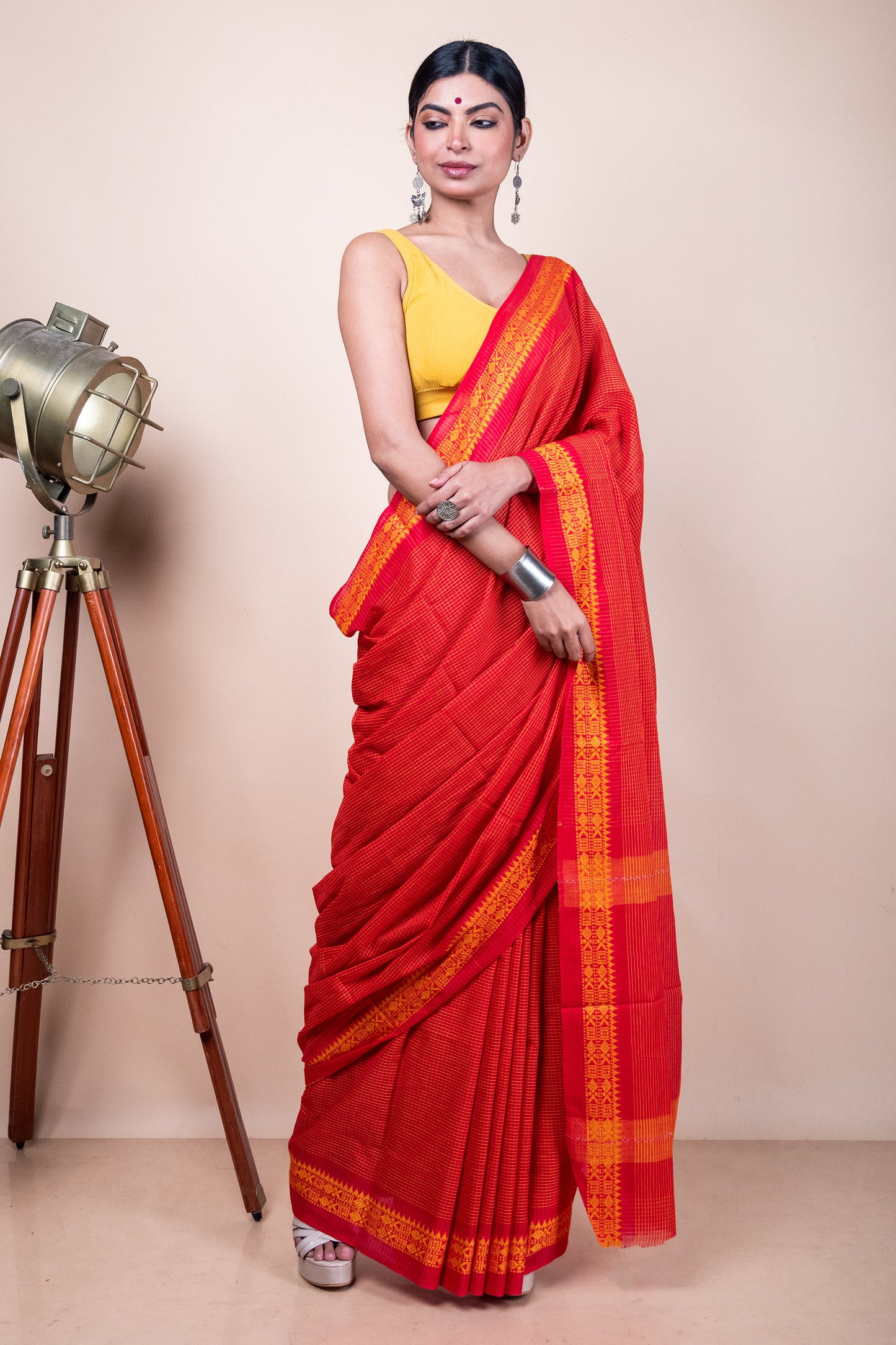 Red Yellow Check Cotton Dhaniakhali Saree with Woven Fish Borders