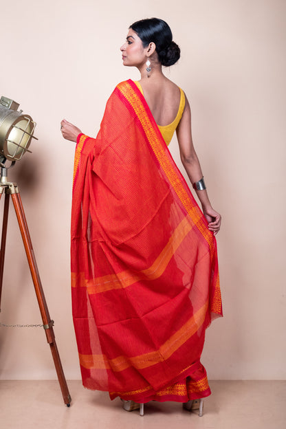 Red Yellow Check Cotton Dhaniakhali Saree with Woven Fish Borders