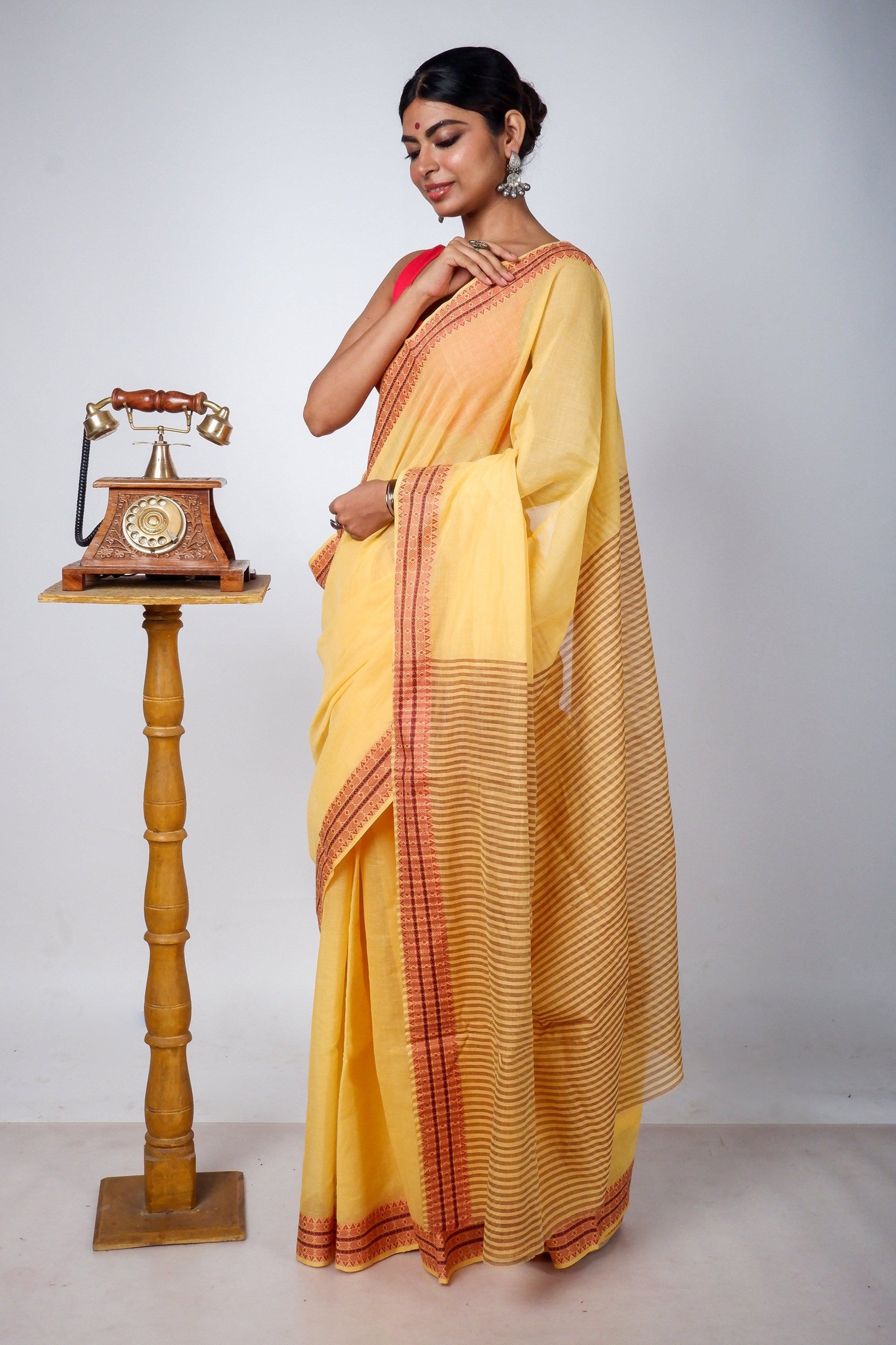 Light Yellow Bengal Cotton Saree with Woven Borders