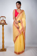 Light Yellow Bengal Cotton Saree with Woven Borders