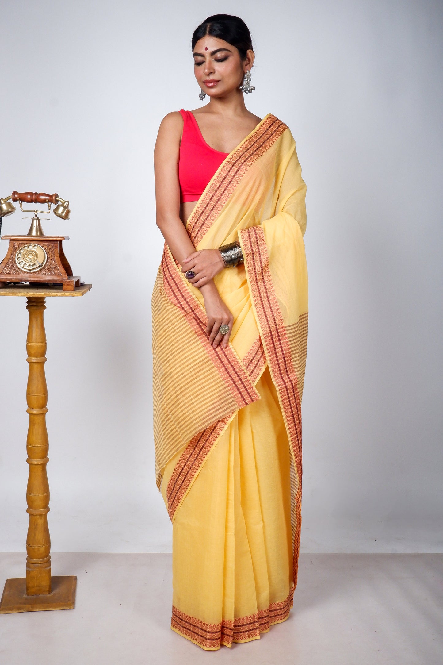 Light Yellow Bengal Cotton Saree with Woven Borders