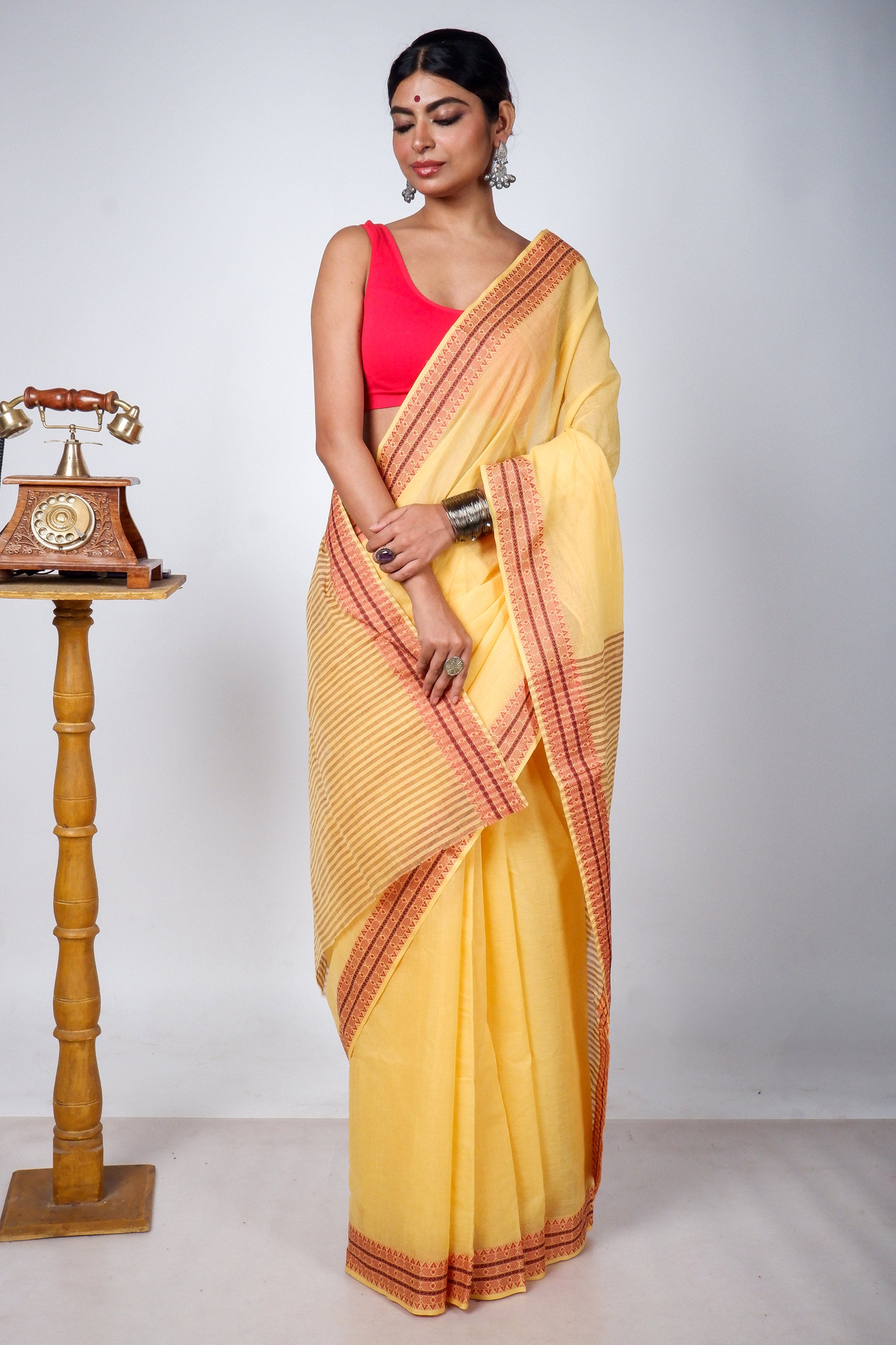 Light Yellow Bengal Cotton Saree with Woven Borders