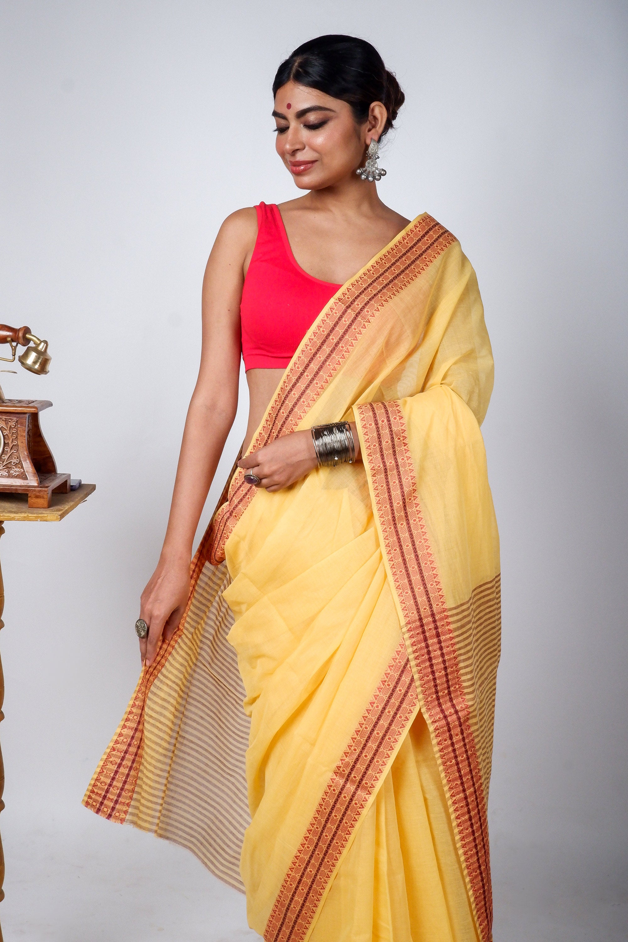 Light Yellow Bengal Cotton Saree with Woven Borders