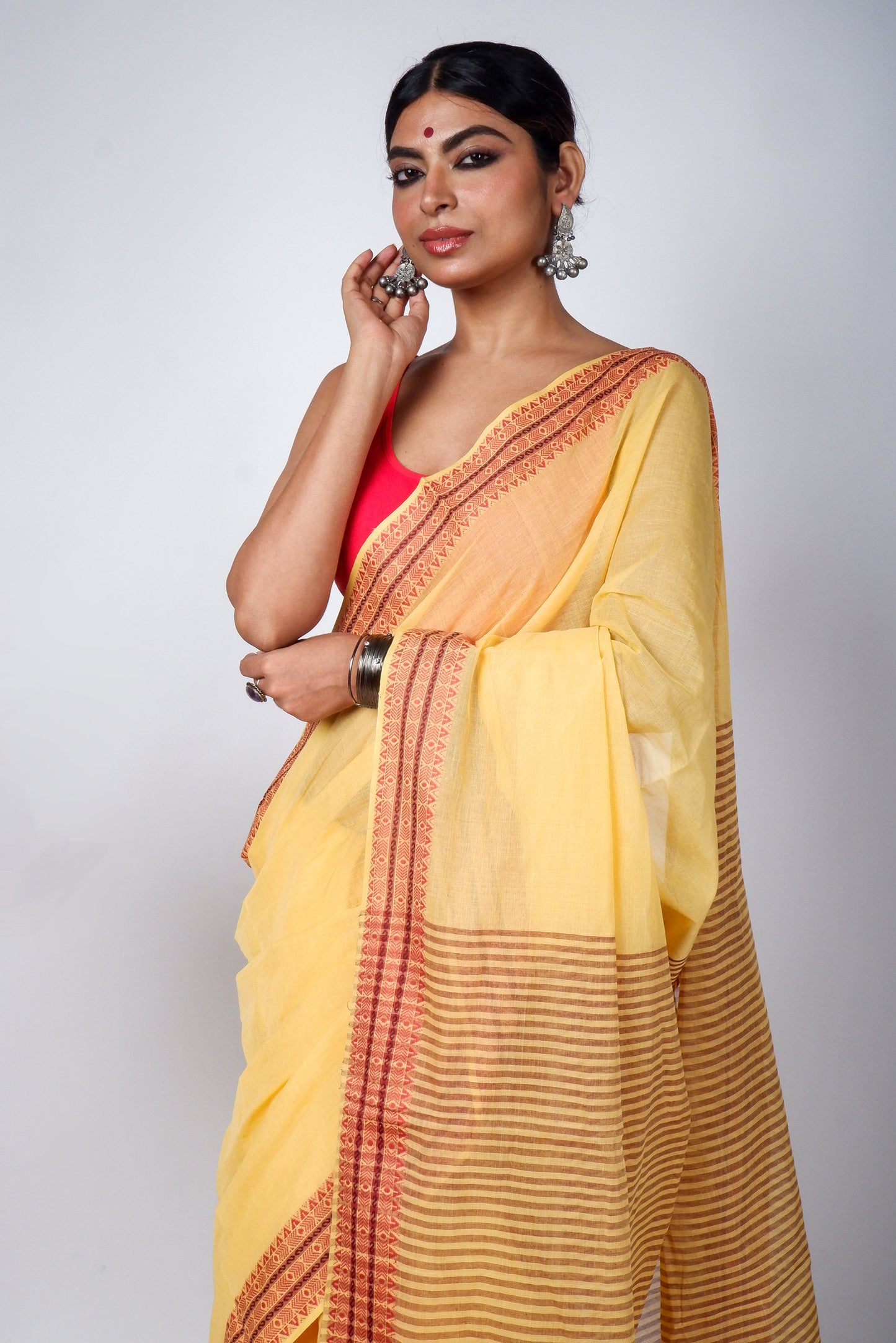Light Yellow Bengal Cotton Saree with Woven Borders