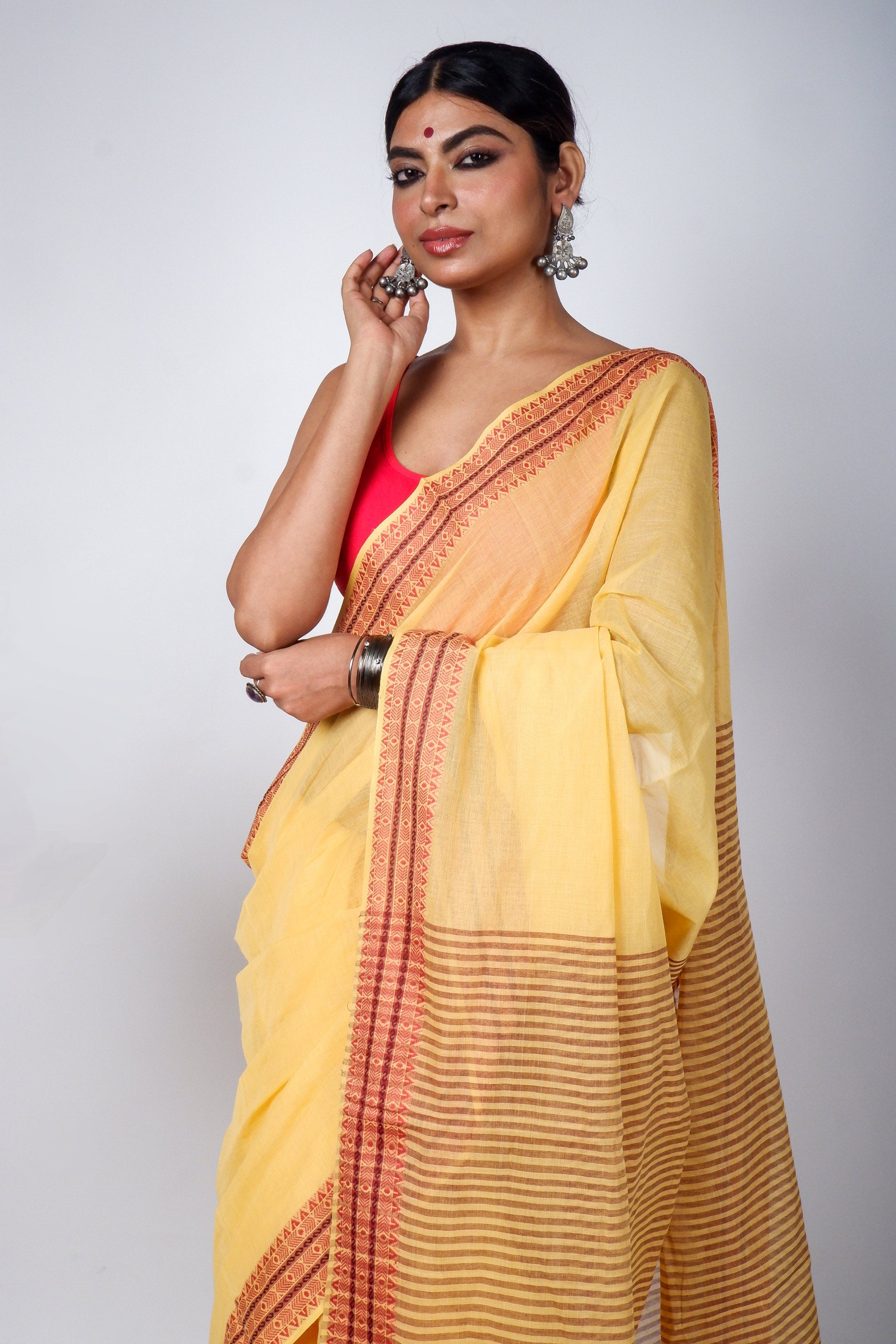 Light Yellow Bengal Cotton Saree with Woven Borders