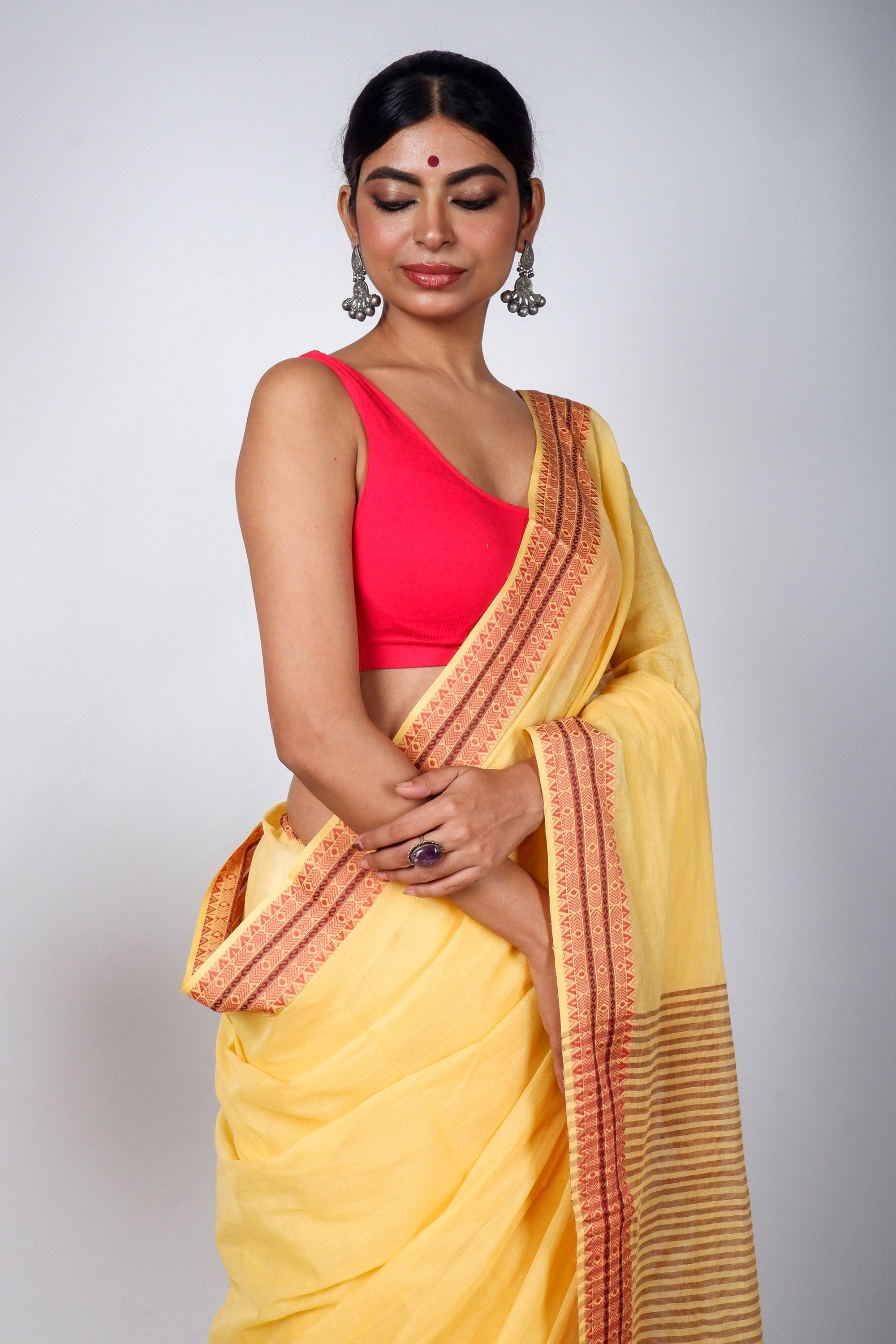 Light Yellow Bengal Cotton Saree with Woven Borders