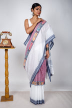White-Mauve Cotton Dhaniakhali Ikat Saree