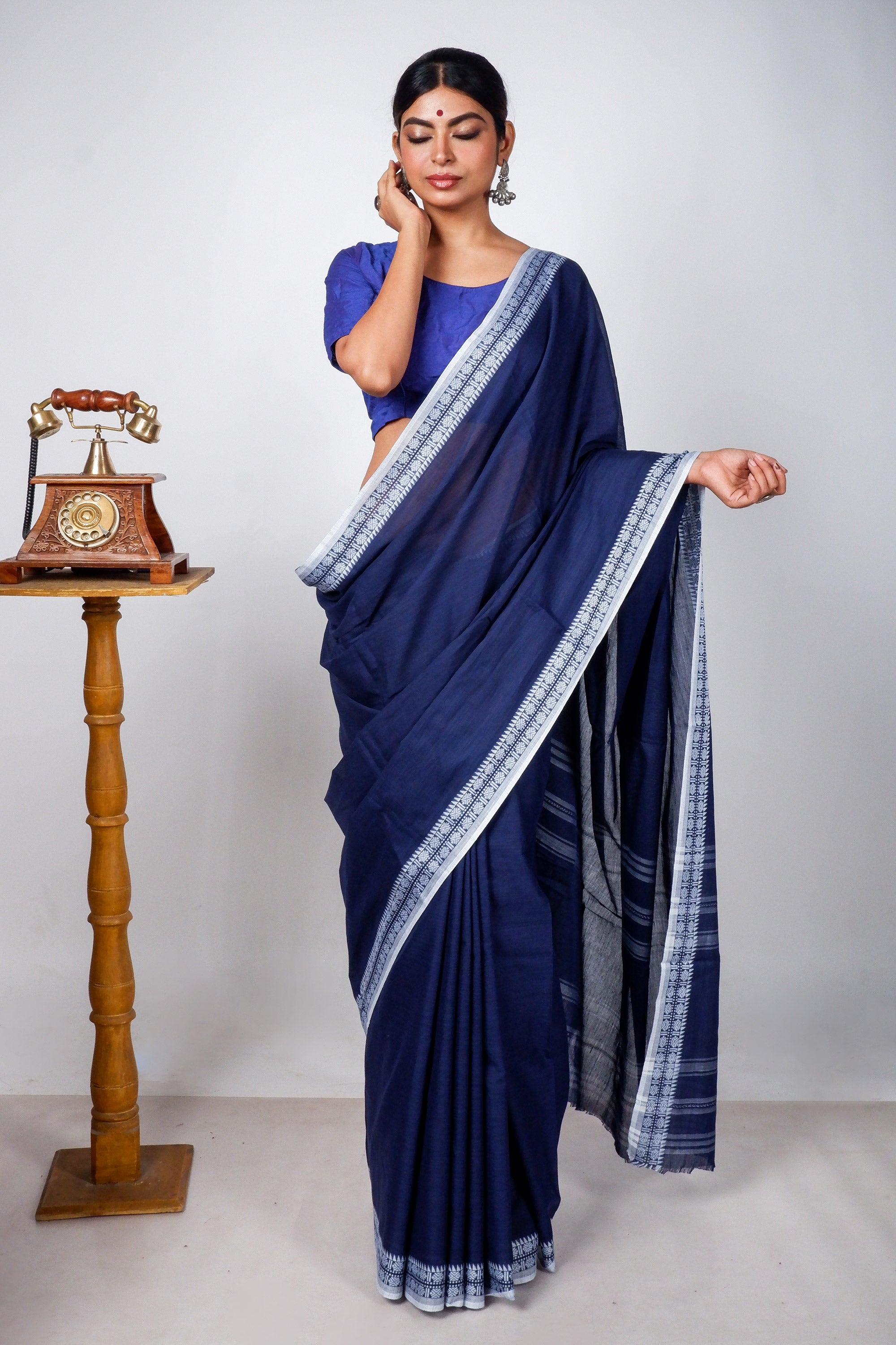 Blue Cotton Dhaniakhali Saree with Rudrakhs Borders
