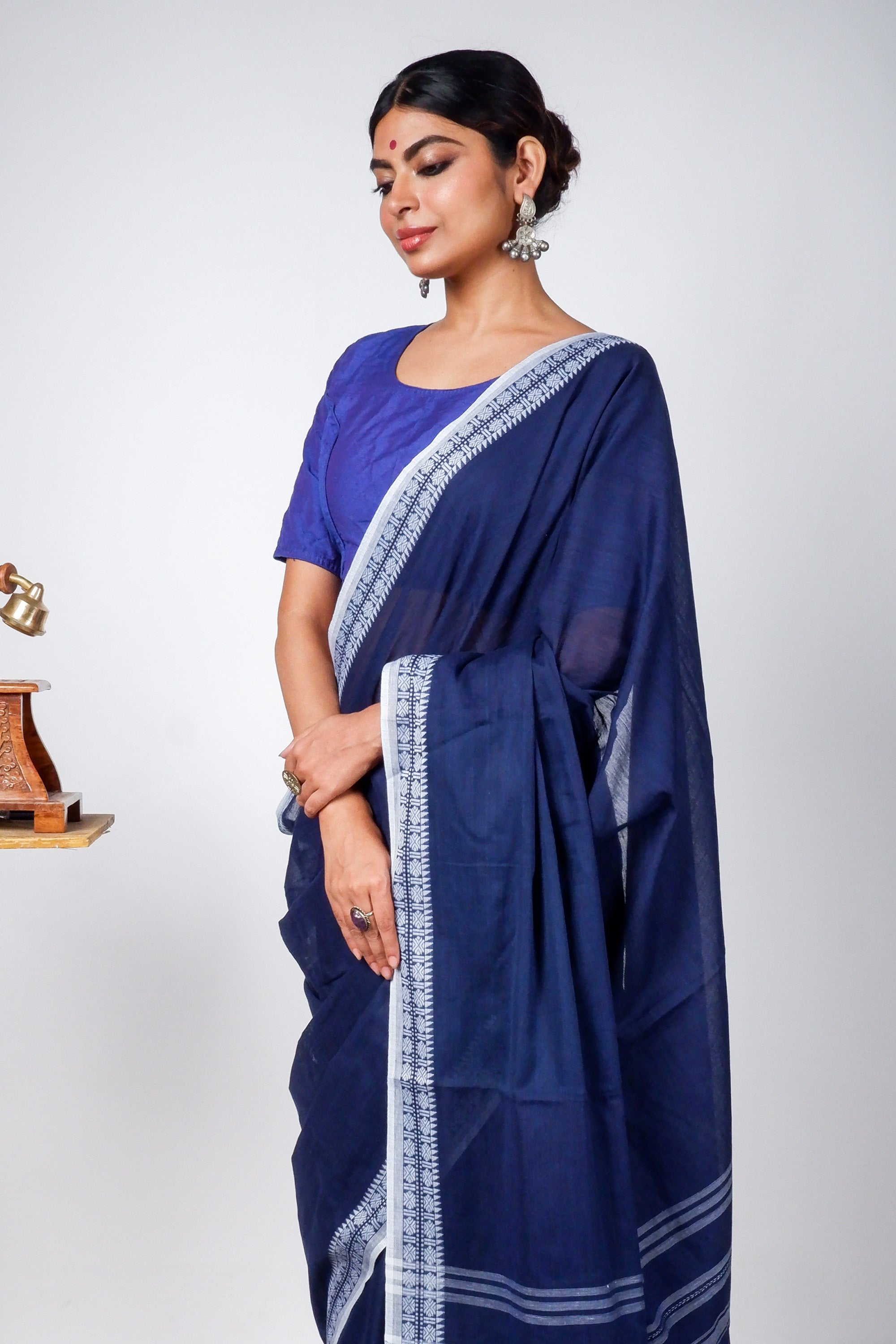 Blue Cotton Dhaniakhali Saree with Rudrakhs Borders