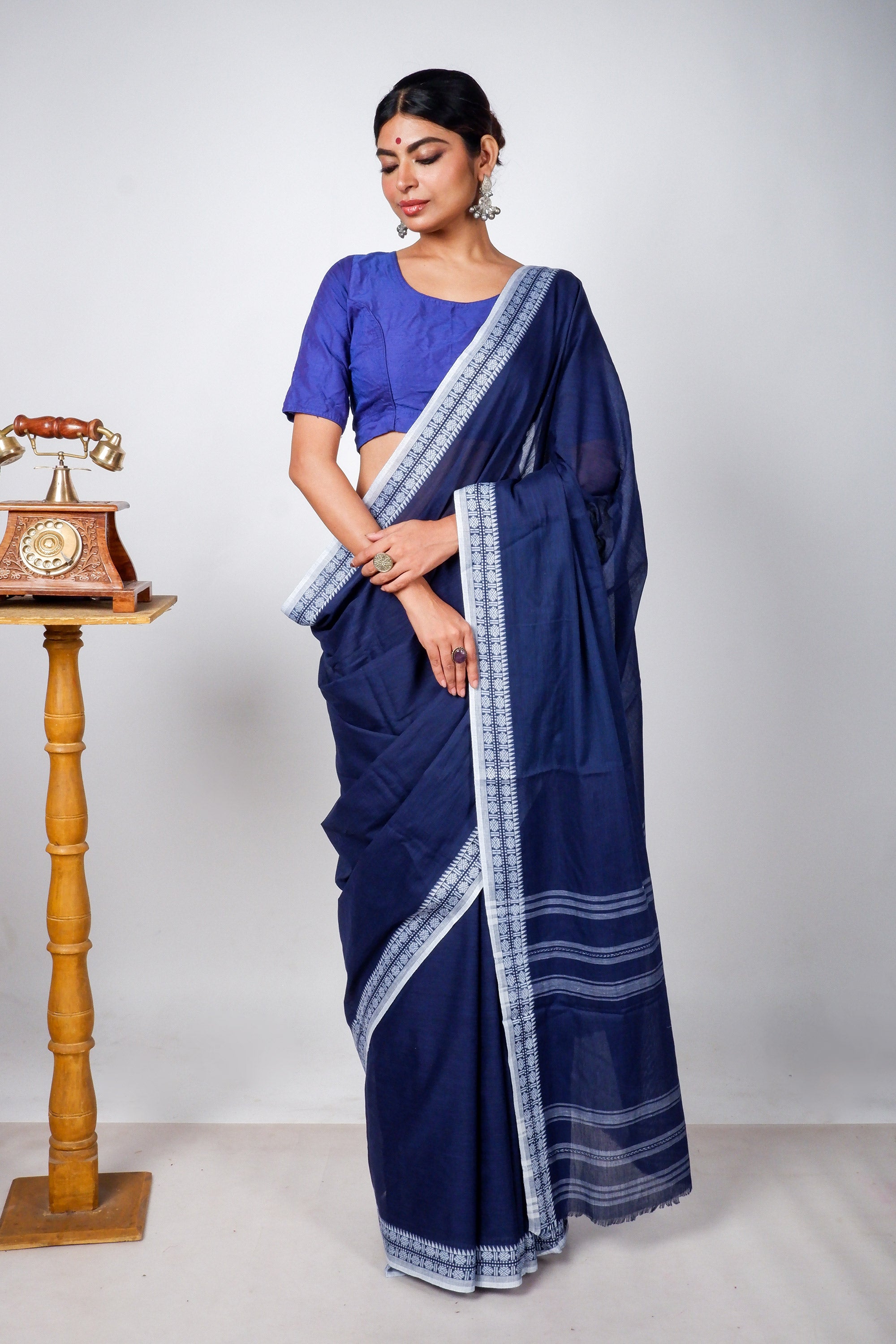 Blue Cotton Dhaniakhali Saree with Rudrakhs Borders