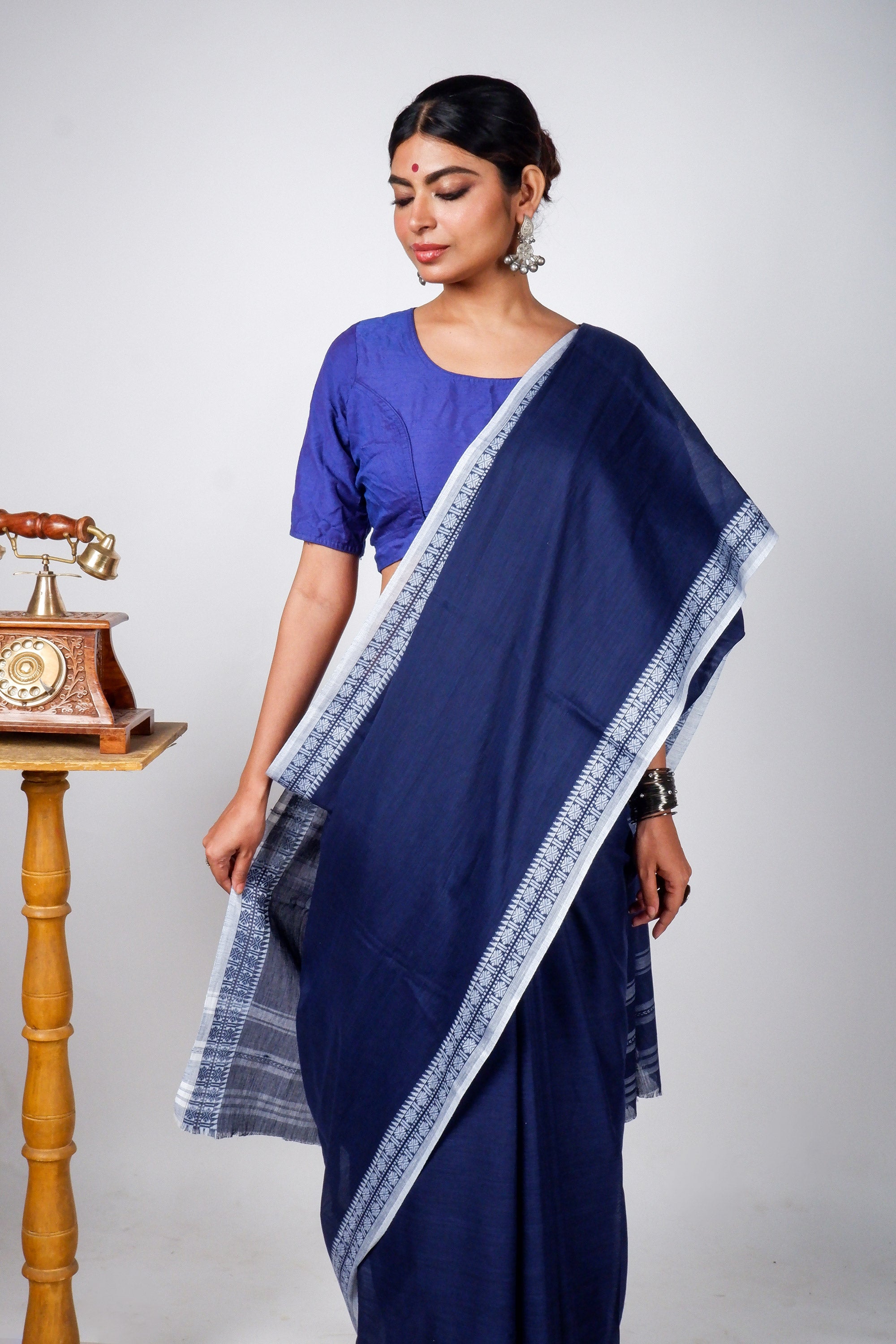 Blue Cotton Dhaniakhali Saree with Rudrakhs Borders