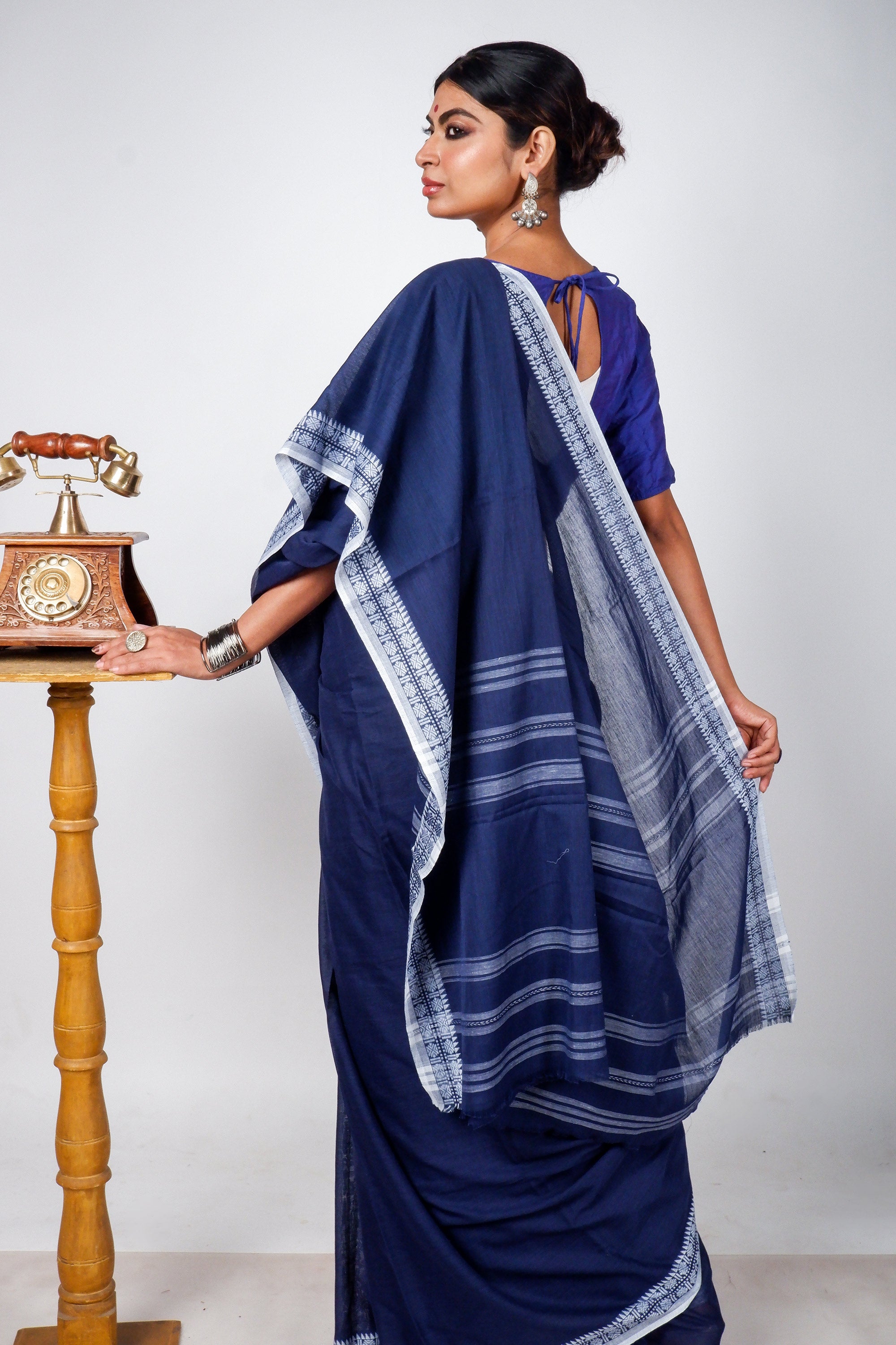 Blue Cotton Dhaniakhali Saree with Rudrakhs Borders