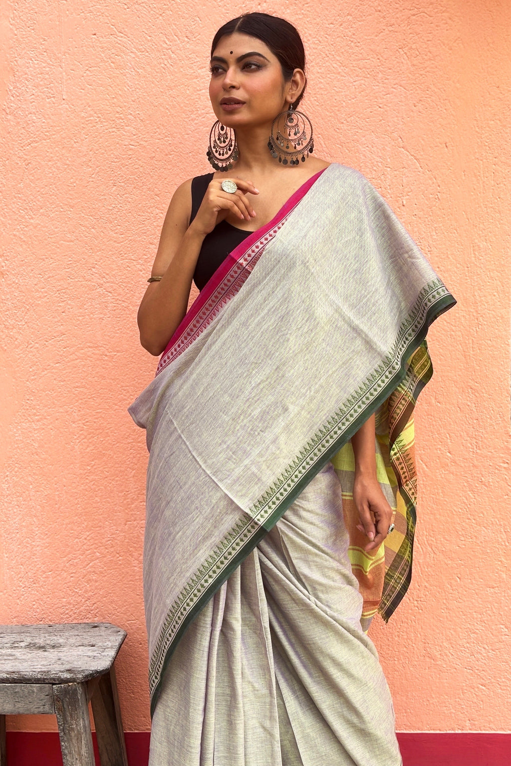 Dual Tone Cotton Dhaniakhali Saree with Neon Green Pallu
