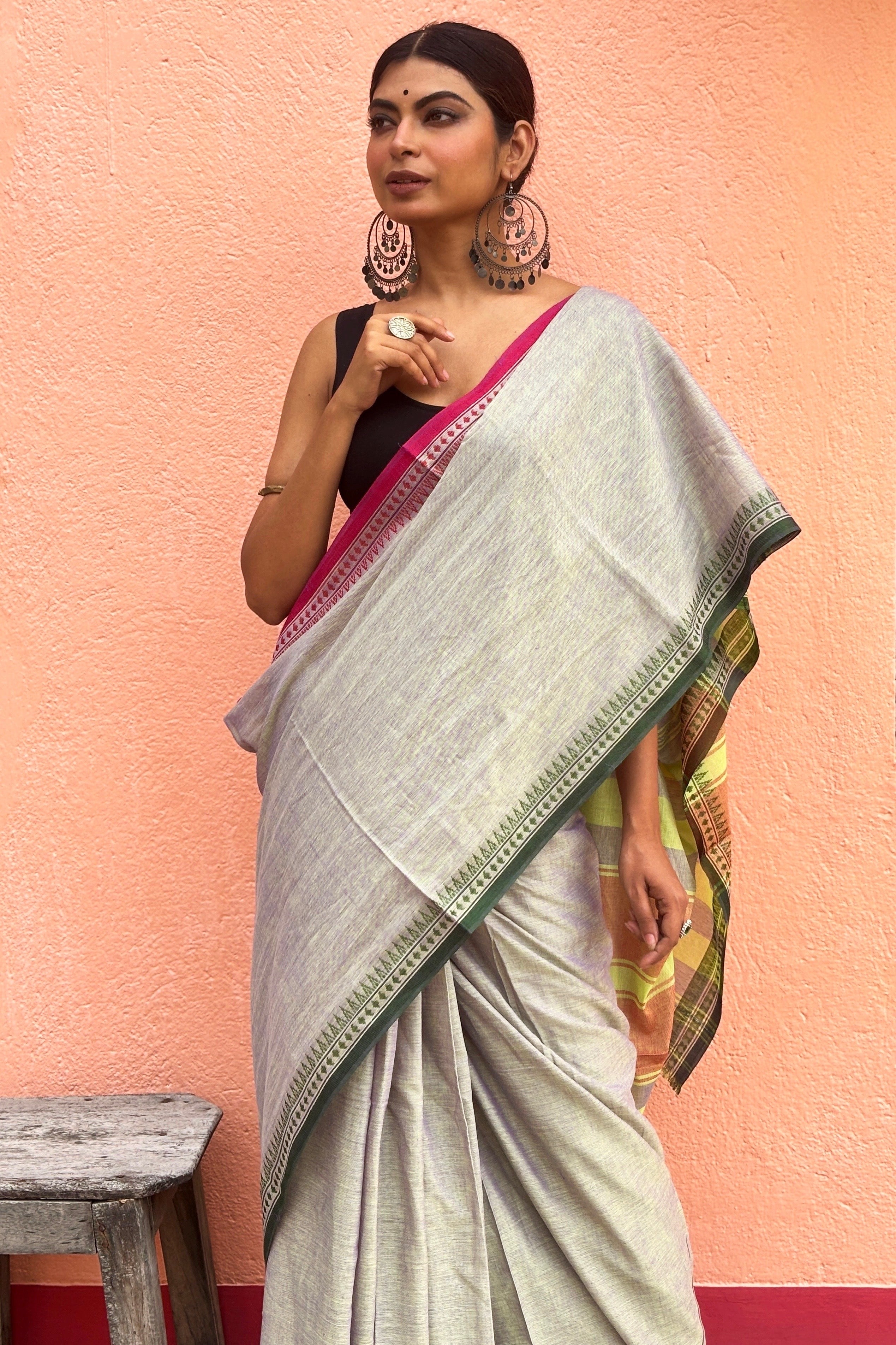 Dual Tone Cotton Dhaniakhali Saree with Neon Green Pallu