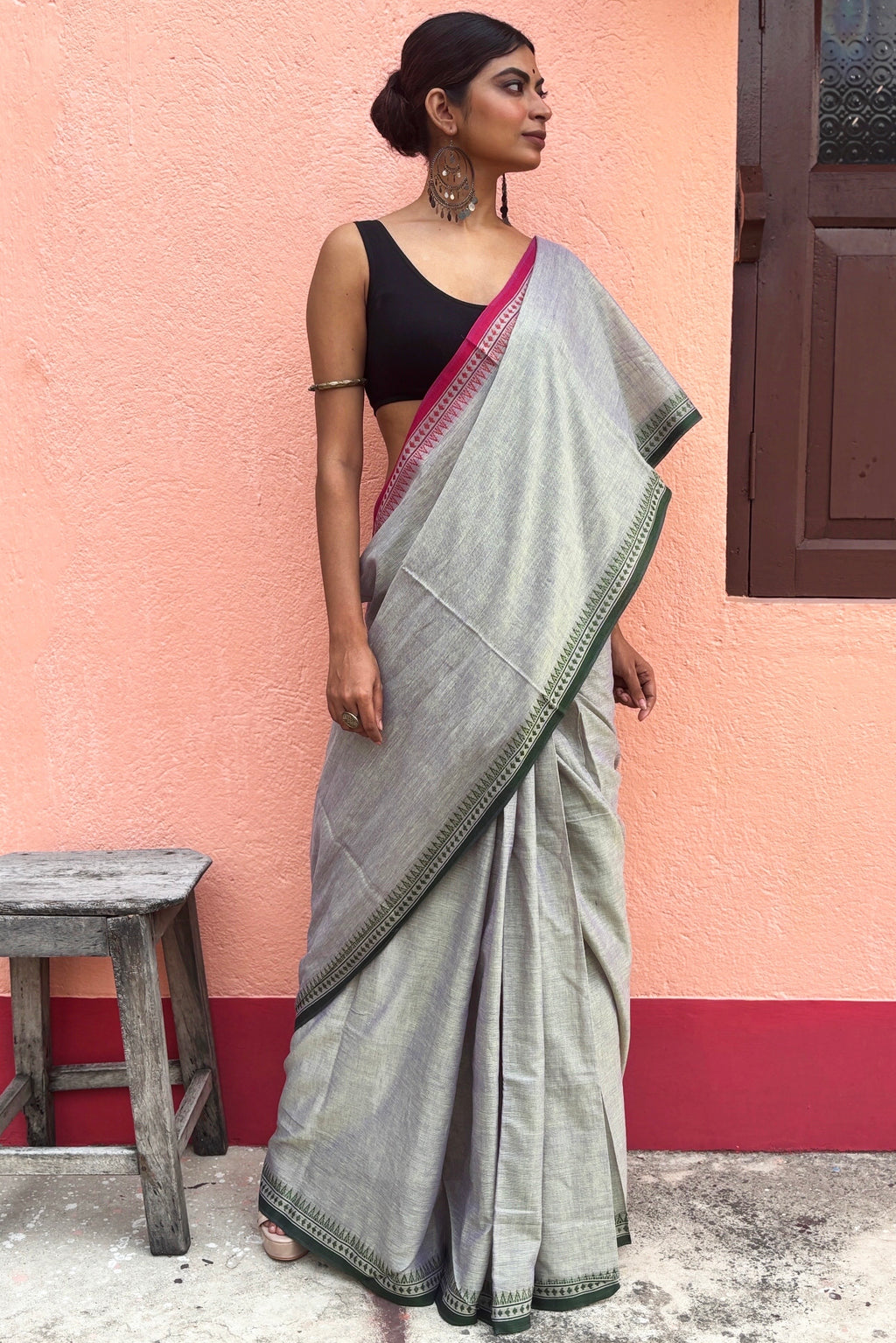 Dual Tone Cotton Dhaniakhali Saree with Neon Green Pallu