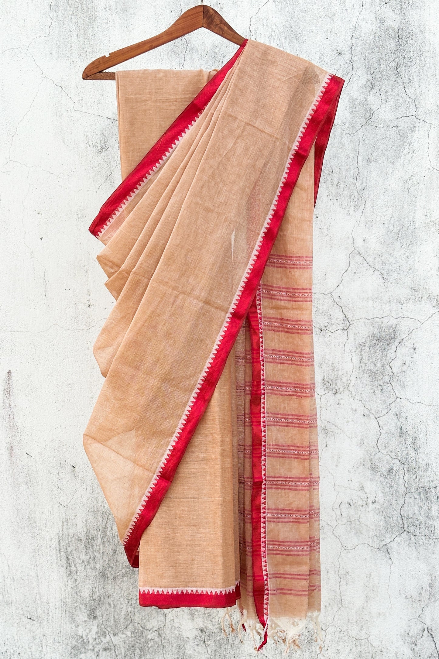 Tussar Colour Dhaniakhali Cotton Saree with Red Border