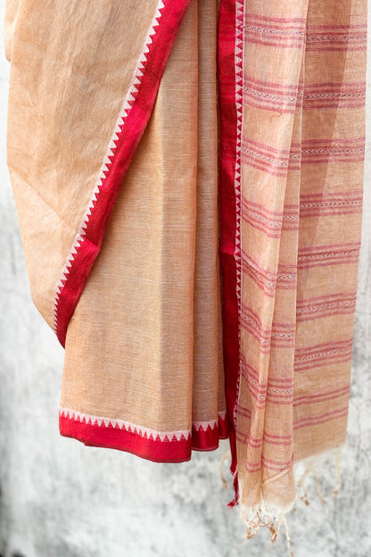 Tussar Colour Dhaniakhali Cotton Saree with Red Border