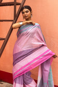Three Color Cotton Dhaniakhali Saree with Ganga Jmuna Border- Pink