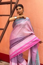 Three Color Cotton Dhaniakhali Saree with Ganga Jmuna Border- Pink