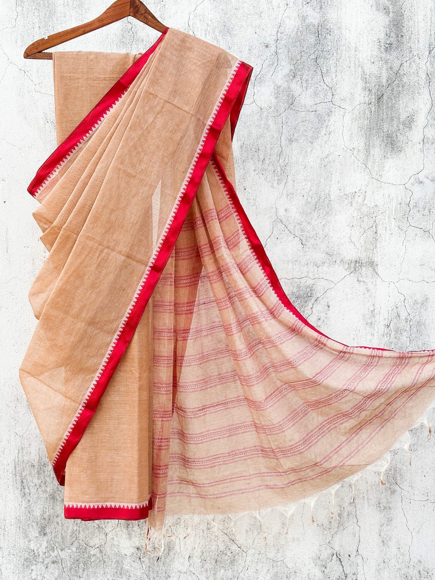 Tussar Colour Dhaniakhali Cotton Saree with Red Border