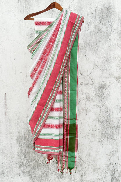 Red Fish Motifs Dhaniakhali Cotton Saree with Ganga-Jamuna Border