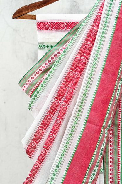 Red Fish Motifs Dhaniakhali Cotton Saree with Ganga-Jamuna Border