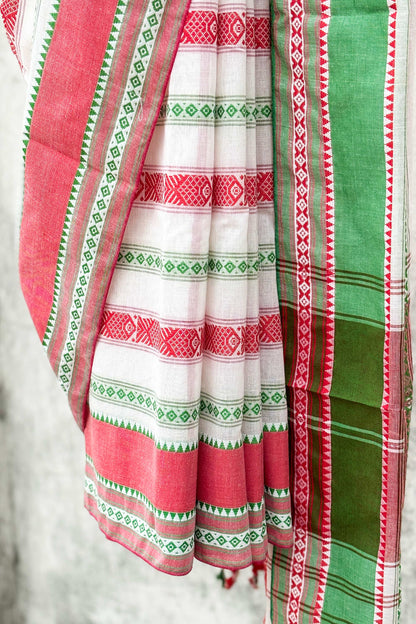 Red Fish Motifs Dhaniakhali Cotton Saree with Ganga-Jamuna Border