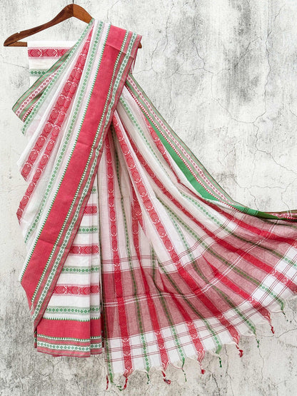 Red Fish Motifs Dhaniakhali Cotton Saree with Ganga-Jamuna Border