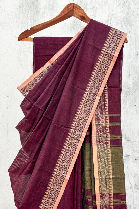 Mahogany Colour Cotton Dhaniakhali Saree with Beige Woven Borders