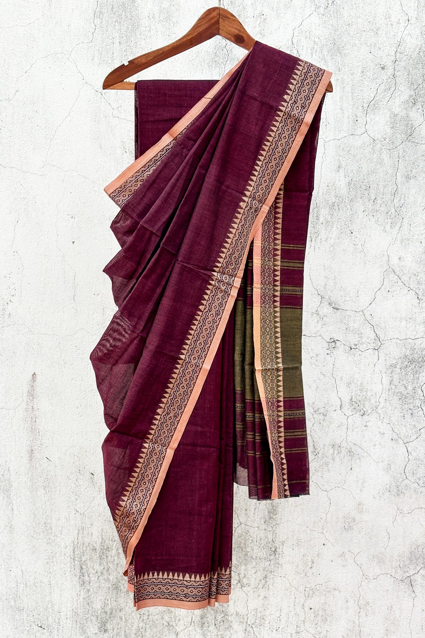 Mahogany Colour Cotton Dhaniakhali Saree with Beige Woven Borders