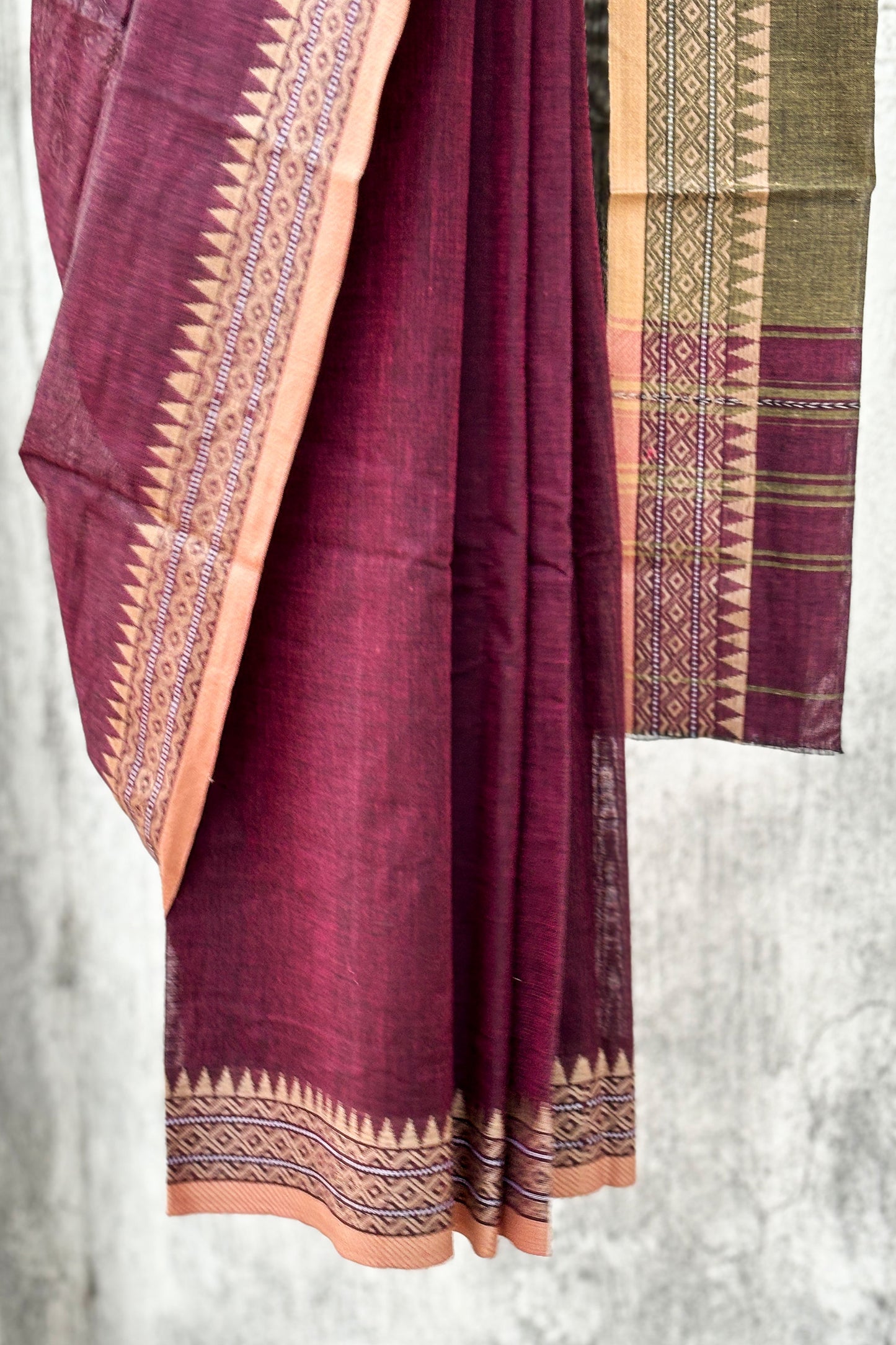 Mahogany Colour Cotton Dhaniakhali Saree with Beige Woven Borders