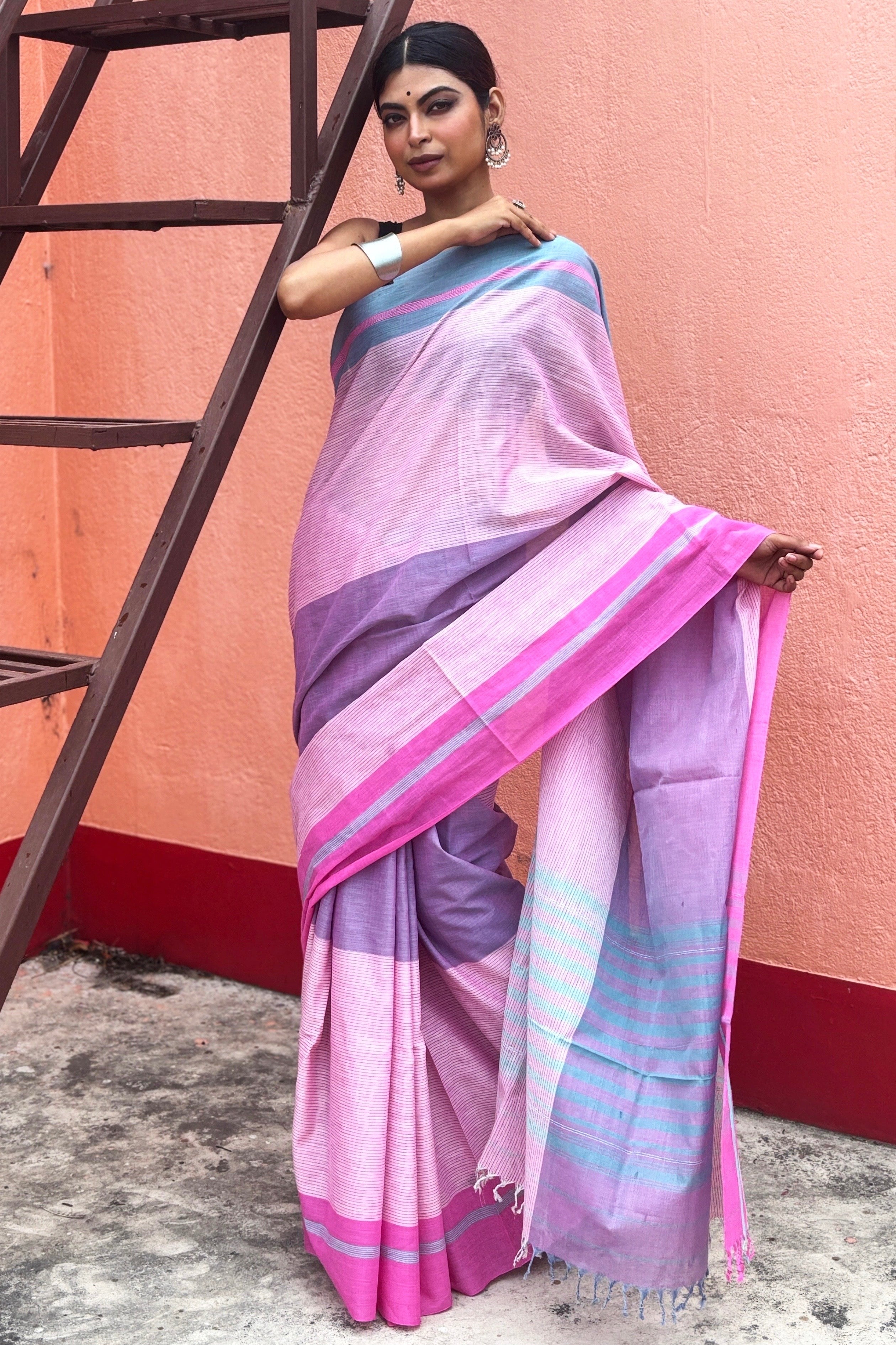 Three Color Cotton Dhaniakhali Saree with Ganga Jmuna Border- Pink