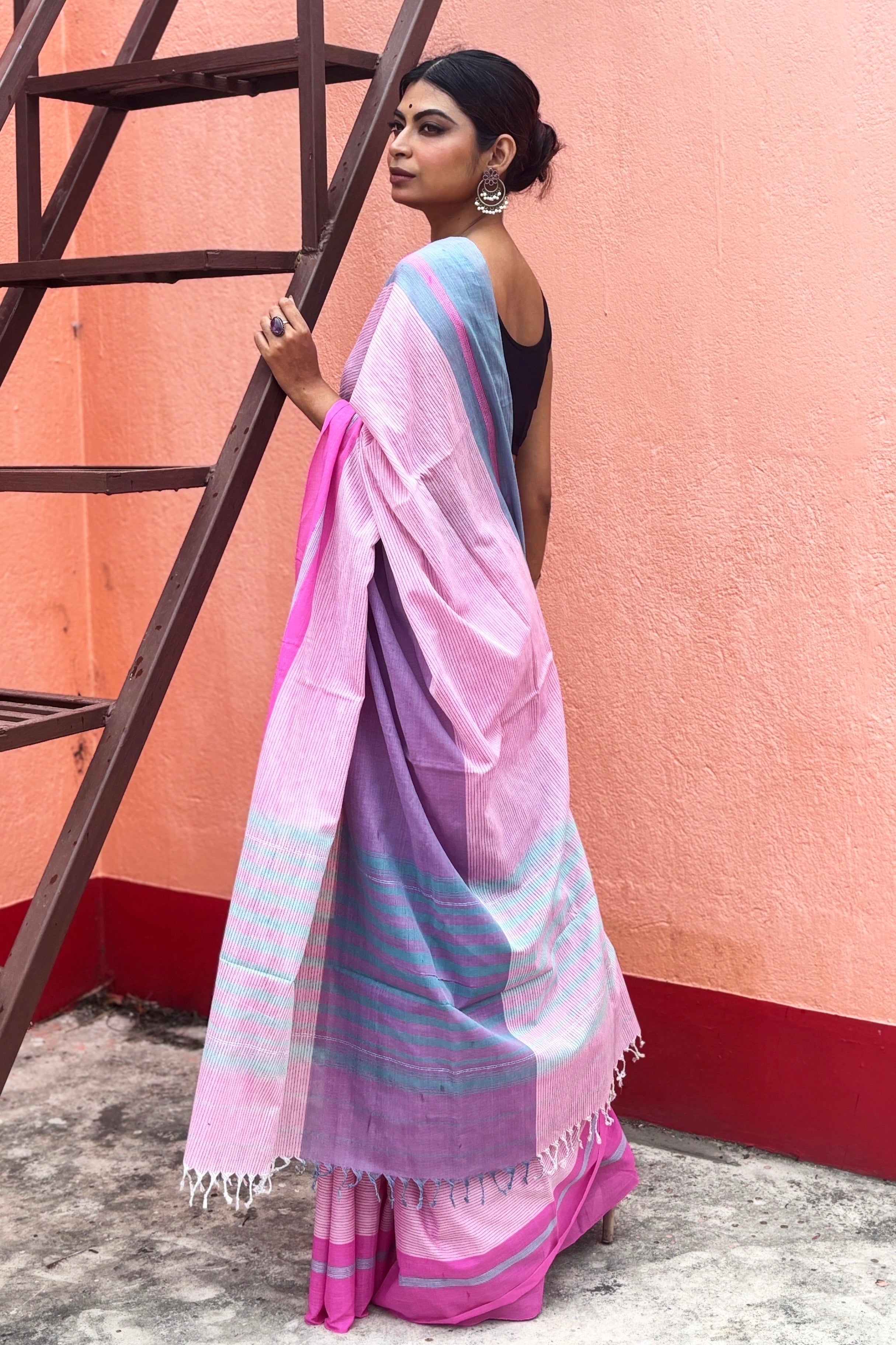 Three Color Cotton Dhaniakhali Saree with Ganga Jmuna Border- Pink