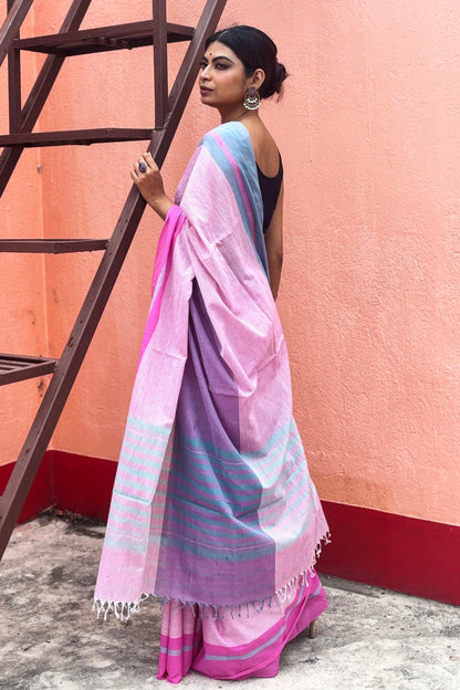 Three Color Cotton Dhaniakhali Saree with Ganga Jmuna Border- Pink