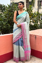 Three Color Cotton Dhaniakhali Saree with Ganga Jmuna Border-Grey