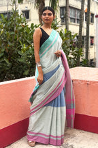 Three Color Cotton Dhaniakhali Saree with Ganga Jmuna Border-Grey