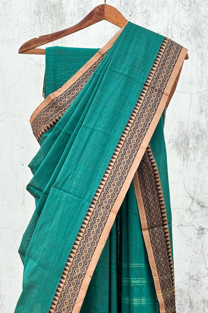 Emerald Green Cotton Dhaniakhali Saree with Beige Woven Borders