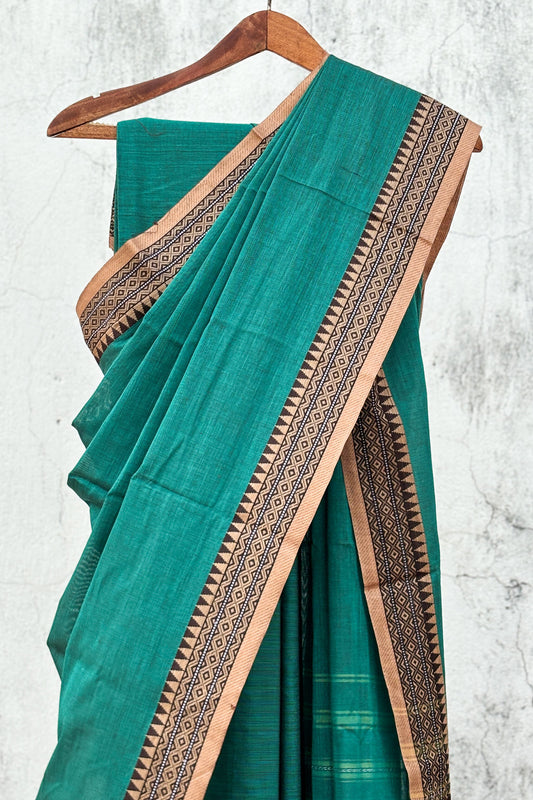 Emerald Green Cotton Dhaniakhali Saree with Beige Woven Borders