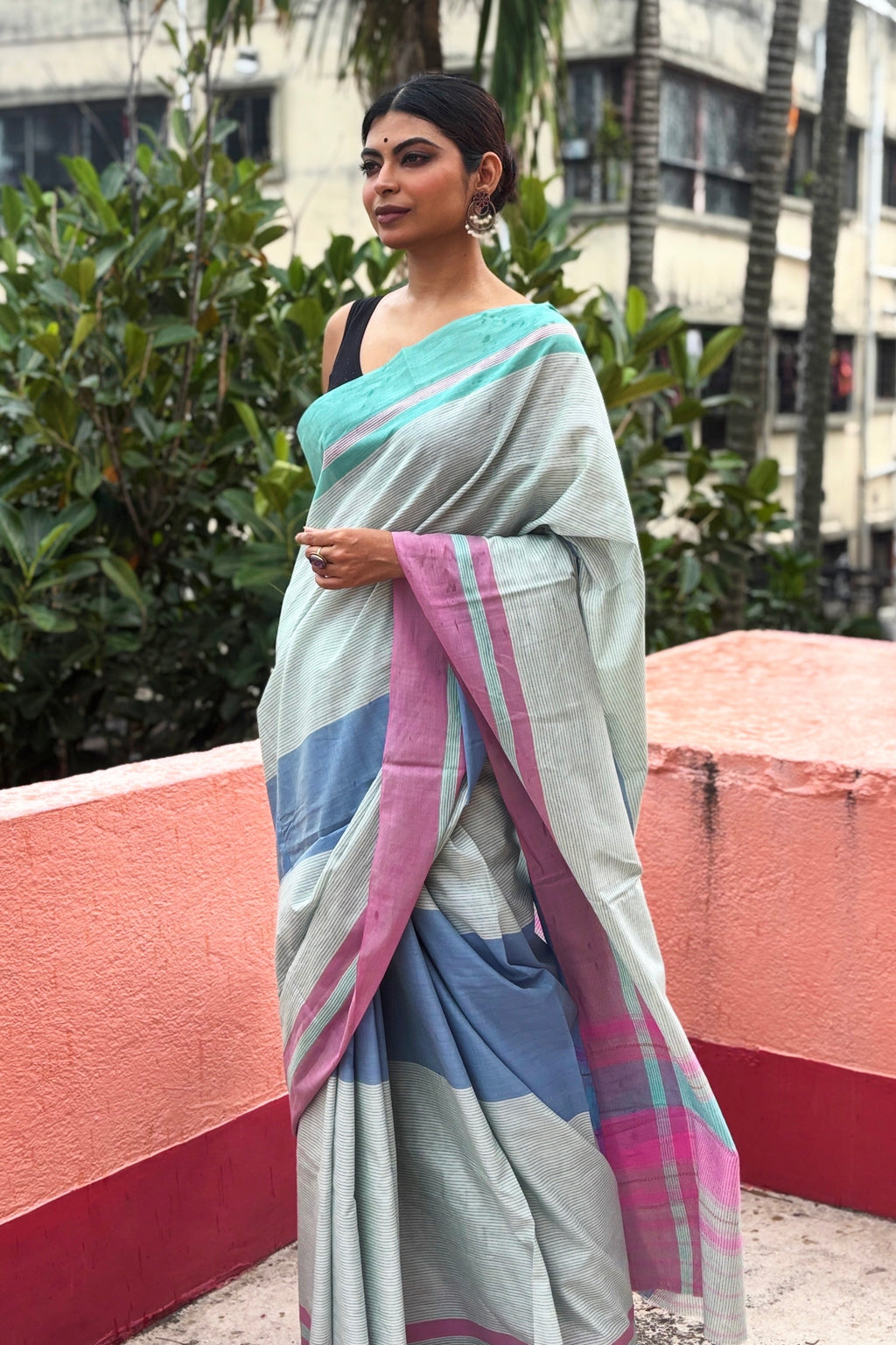 Three Color Cotton Dhaniakhali Saree with Ganga Jmuna Border- Green